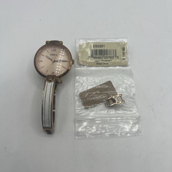 FOSSIL GEORGIA ROSE GOLD DIAL WHITE LEATHER & ST. STEEL LADIES WATCH No Battery - Picture 1 of 7